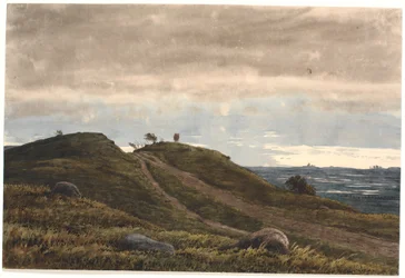 Paisaje con un camino arenoso que conduce sobre una colina de brezal. A la derecha, vista de una extensa llanura con turberas. ¿De la región de Raageleje?