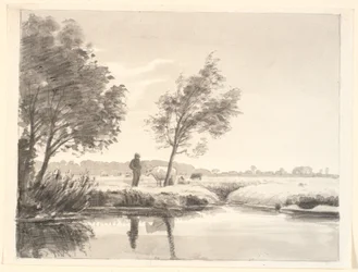 Paisaje con campos, árboles, vacas y un campesino reflejándose en el agua del primer plano