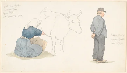 Hoja de estudio con niña ordeñando una vaca, campesino de pie a la derecha