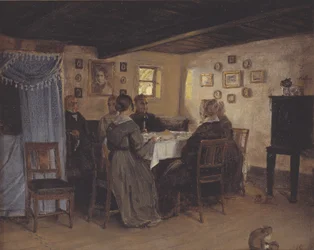 Los amigos y la familia del artista sentados alrededor de una mesa. Vejby, Norte de Zelanda