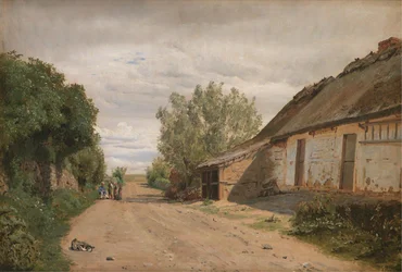 Las afueras del pueblo de Vejby. Al borde del camino, el pintor J.Th. Lundbye dibujando