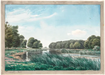 Paisaje arbolado con un lago y tres niños pescando