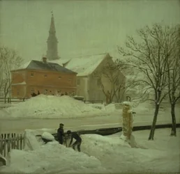 Vista desde la casa del artista en la propiedad de Løweners en Christianshavn. Día de invierno con nieve