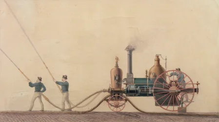 El primer motor de bomberos a vapor utilizado en los Estados Unidos en 1841, 1865