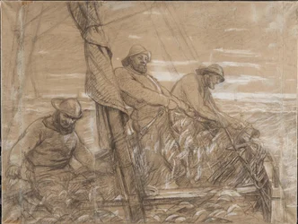 Pescadores de Hornbæk en la captura de arenques. Temprano en la mañana