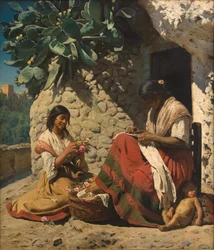 Dos mujeres gitanas fuera de su cabaña. España