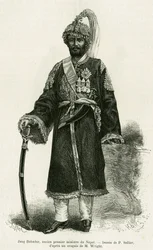 Jang Bahadur (1816-1877), Primer Ministro de Nepal. Grabado por P. Sellier para ilustrar la historia 