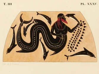 Impresión de la decoración en una ánfora griega, mostrando a Poseidón acompañado de delfines, c. 1858