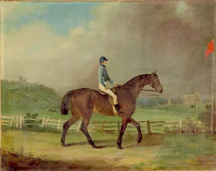 La Rosina del Sr. Hindley con el propietario, en el hipódromo de Lincoln, con la catedral al fondo