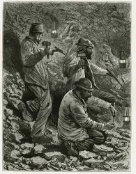 Mineros extrayendo carbón en la veta. Grabado por Ferat, para ilustrar la historia "Bélgica", por Camille Lemonnier (1844-1913) escritor belga. Publicado en Le Tour du monde, nuevo diario de viajes, 2º semestre 1884, editado por Edouard Charton (1807-1890)