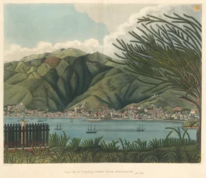 Vista de Santo Tomás, tomada de Havensicht, 18 de enero, litografía de Joseph Constantine Stadler (fl.1780-1812)