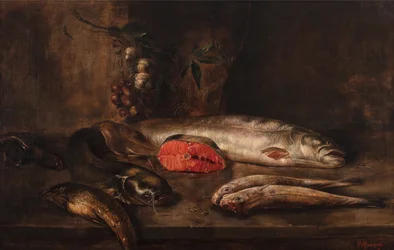 Bodegón de pescado con una carpa, un siluro, un salmón, una anguila y un lenguado sobre una mesa con ajos y chalotas colgando, pescado muerto, c.1775-1800 (óleo sobre lienzo)