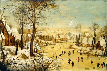 Un pueblo en invierno con una trampa para pájaros y patinadores en un canal congelado