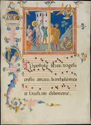 Hoja de manuscrito con el martirio de San Bartolomé, de un Laudario