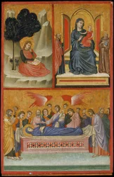 San Juan en Patmos, Madonna y el Niño en el trono, y la muerte de la Virgen, La Crucifixión