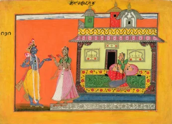 Krishna llegando a la casa de Radha, ilustración de un manuscrito del Rasamanjari de Bhanudatta, estilo Basholi, c.1660-70