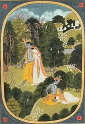 Radha y Krishna caminando en un bosque, Kangra, Himachal Pradesh