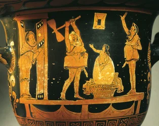 Crátera de Apulia con escena de teatro, caricatura del nacimiento de Helena en huevo, atribuida al pintor de Dijon, cerámica de figuras rojas, Detalle, de Bari, Apulia, Italia, Antigua civilización griega, Magna Grecia, Siglo IV a.C.