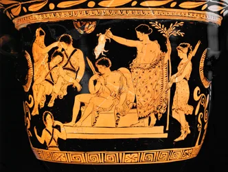 Cráter campaniforme de Apulia con figuras rojas: Apolo purifica a Orestes con la sangre de un cochinillo ...