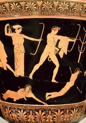 La muerte de los niobíes, detalle de un cáliz-krater ático de figura roja, c.450 a.C. (cerámica) (detalle de 19106, véase también 92576)