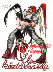 Revolucionario húngaro estrangulando al águila bicéfala austrohúngara y proclamando la proclamación de Kossuth 