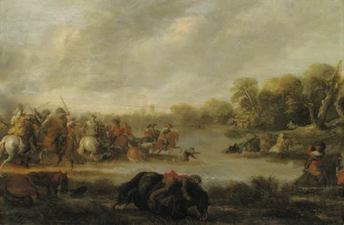 Escaramuza de caballería junto a un río