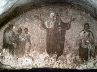 ARTE PALEOCRISTIANO: Catacombe di St. Priscilla. Cubible de la Velata. finales del siglo III (fresco)