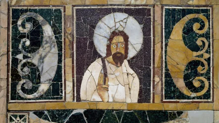 Mármol incrustado que representa el rostro de Cristo, artefacto de Roma, Italia, período cristiano temprano