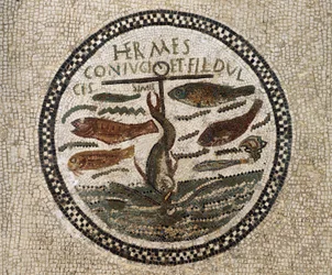 Mosaico con ancla rodeada de peces, símbolo de Cristo y sus seguidores, Catacumbas de Susa, Túnez, período cristiano temprano, siglo IV