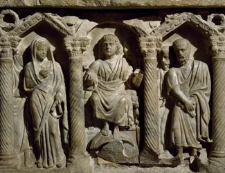 Sarcófago paleocristiano también conocido como Sarcófago del Beato Gil, mármol, Oratorio de San Bernardino, Perugia, Umbría, detalle, Italia, siglo IV