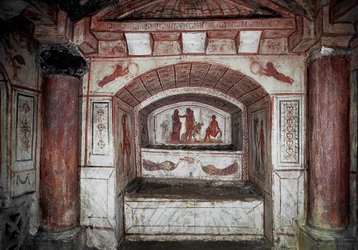Arte paleocristiano: Hércules (Alcides) trae de vuelta a Alcestis del inframundo y la devuelve a su esposo Admeto. Fresco del siglo IV d. C., Roma, catacumbas de la Via Latina