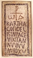 Antigüedad paleocristiana: mosaico funerario de Cartago, procedente de las ruinas de la antigua Furnos Minus en Túnez. Finales del siglo IV-principios del siglo V d.C. París, Museo del Louvre