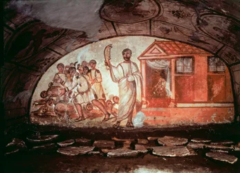 Arte paleocristiano: Sansón, con la mandíbula de un asno, masacra a los 1000 filisteos. Fresco de las Catacumbas de Via Latina en Roma. Siglo IV
