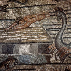 Escena de la vida de Jonás representa ser rechazado por el pez en una playa (detalle). Mosaico del siglo V o VI. Catedral de Aquileia, Italia