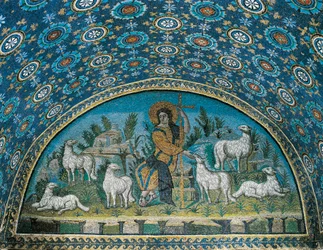 El Buen Pastor, Mosaico del bisel sobre la puerta de entrada del Mausoleo de Galla Placidia, c425 (mosaico)