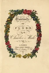 Página de título caligráfico dentro de una corona floral de rosas, tulipanes y otras flores
