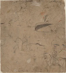 Página de un cuaderno de bocetos que muestra gobernantes a caballo, jabalíes y una escena de palacio, finales del siglo XVIII