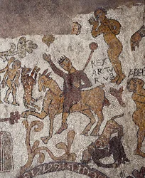 Representación del rey Arturo y Perceval. Mosaico de Pantaleone, sacerdote y mosaicista. 1163-1166. Nave central de la catedral de Otranto (Otranto), Italia