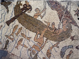 El profeta Jonás es arrojado al mar (detalle). Mosaico de Pantaleone, sacerdote y mosaico. 1163-1166. Nave central de la Catedral de Otranto, Italia