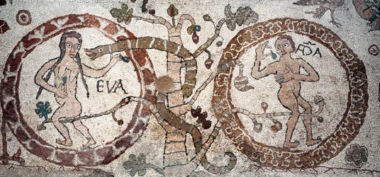 La tentación de Adán y Eva. Mosaico de Pantaleone, sacerdote y mosaista. 1163-1166. Nave central de la catedral de Otranto, Italia