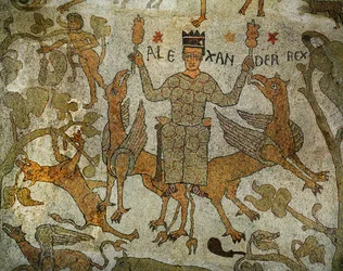 Alejandro Magno en un trono apoyado (mosaico)