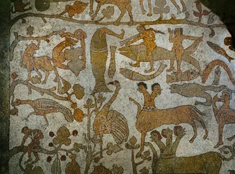 Bestias de la India sobre la imagen del conquistador de la India Alejandro Magno, del suelo de mosaico de la catedral de Otranto (mosaico)