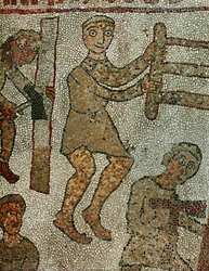 Carpintero con una sierra, otro con un hacha. Mosaico (mosaic)