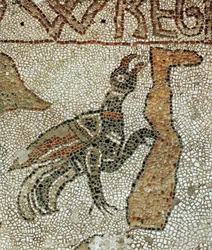 Cuervo hurgando en la pierna de un hombre muerto durante el Diluvio (mosaico)