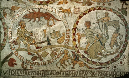 Los signos del Zodíaco en el suelo de mosaico de la catedral de Otranto, sur de Italia (mosaico)
