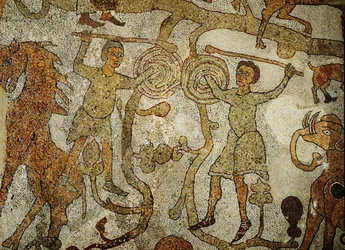 Dos guerreros luchando. Suelo de mosaico de la catedral de (mosaico)