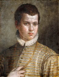 Retrato de un joven, de busto, con traje de rayas y gorguera blanca