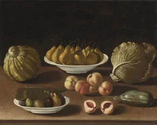 Naturaleza muerta con peras, duraznos, higos, un melón, repollo y calabacín