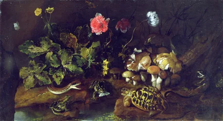 Naturaleza muerta con serpiente, ranas, tortuga y lagarto (óleo sobre lienzo)