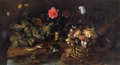 Naturaleza muerta con una serpiente, ranas, tortuga y lagarto, 1656-1673